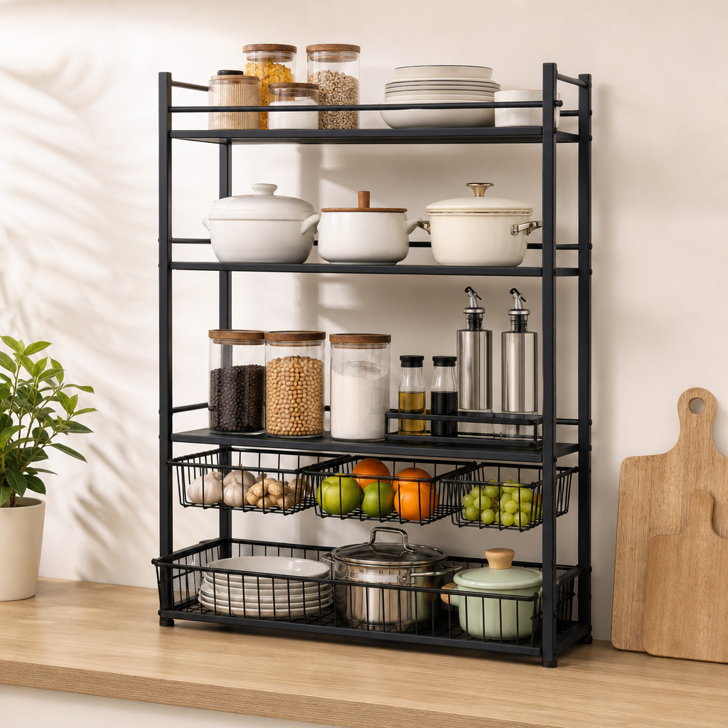 multi-layer metal kitchen shelf with storage baskets