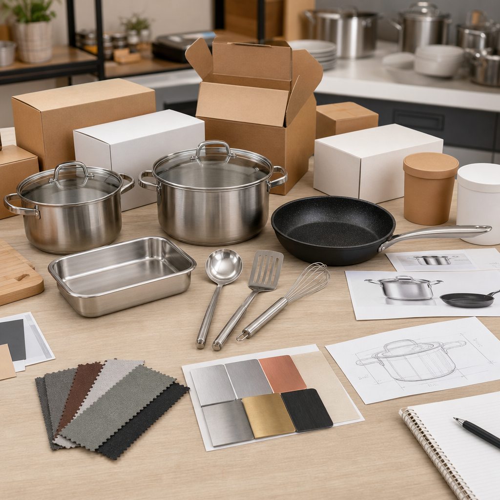 Neutral product development table with unbranded cookware samples, packaging mockups, and material swatches