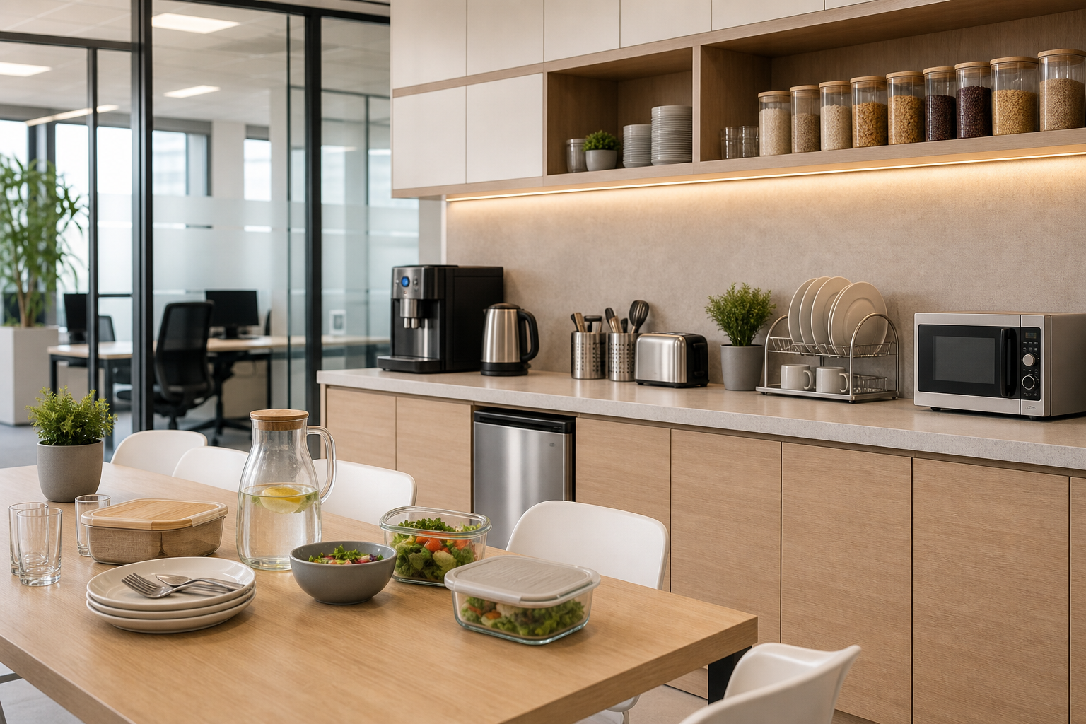 Modern office staff kitchen with countertop appliances, organized storage containers, and clean dining setup