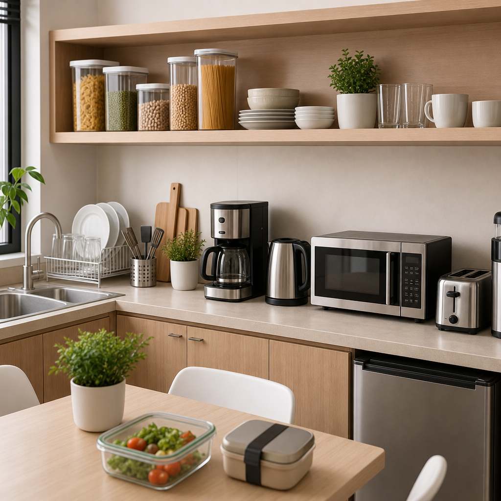 Clean office staff kitchen with compact appliances, dish racks, and practical food storage containers