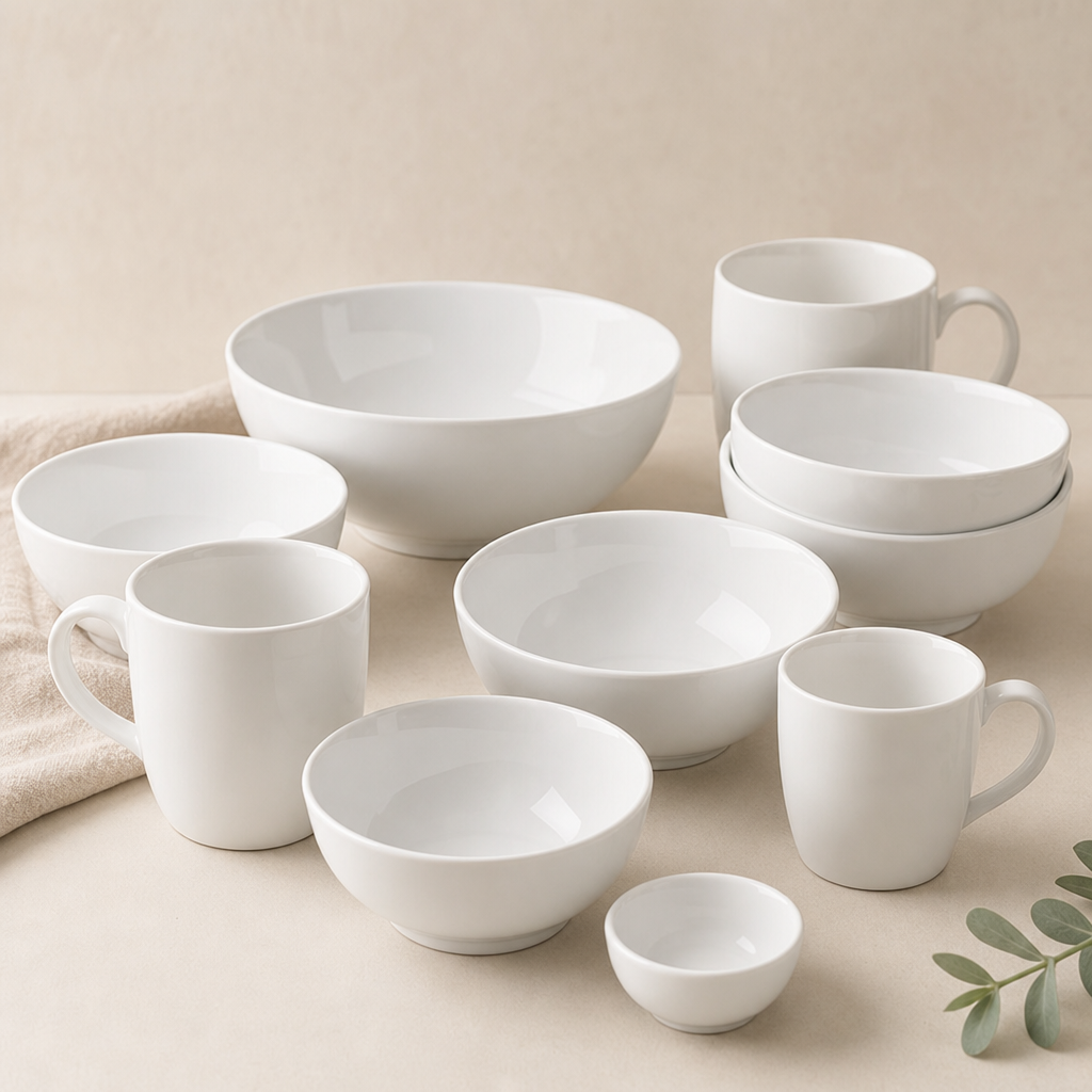 Porcelain bowls and mugs