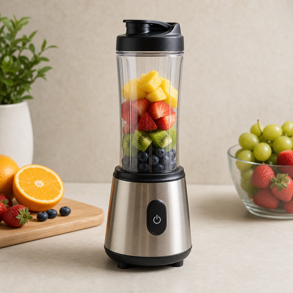portable blender with transparent cup and metal base