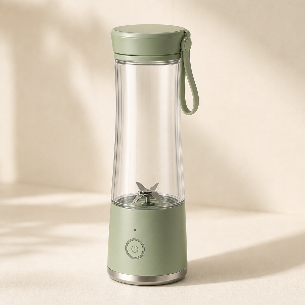 Slim portable food blender with clear BPA-free bottle and soft green lid