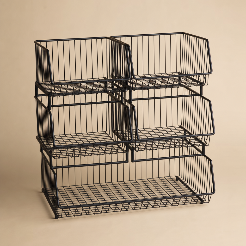 Metal fruit and vegetable storage baskets stacked