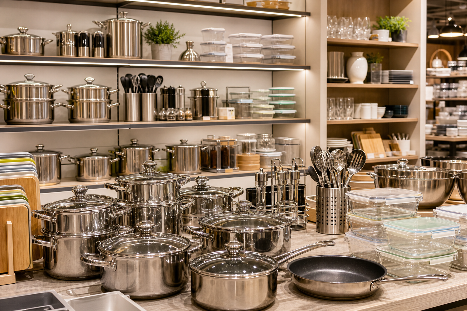 Bright retail shelf display of stainless steel cookware sets, storage containers, and utensils in a modern European home goods store