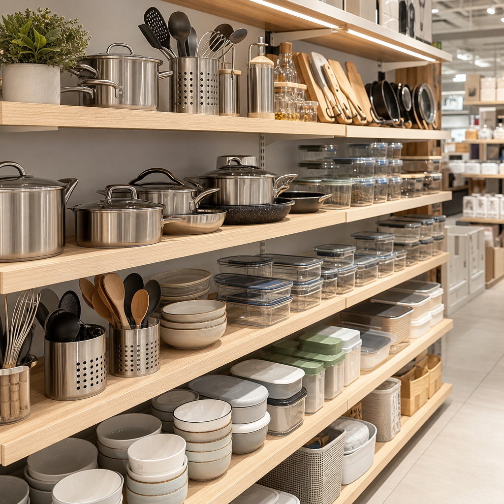 Modern retail home goods shelf with neatly arranged cookware sets, utensils, and food containers in neutral tones