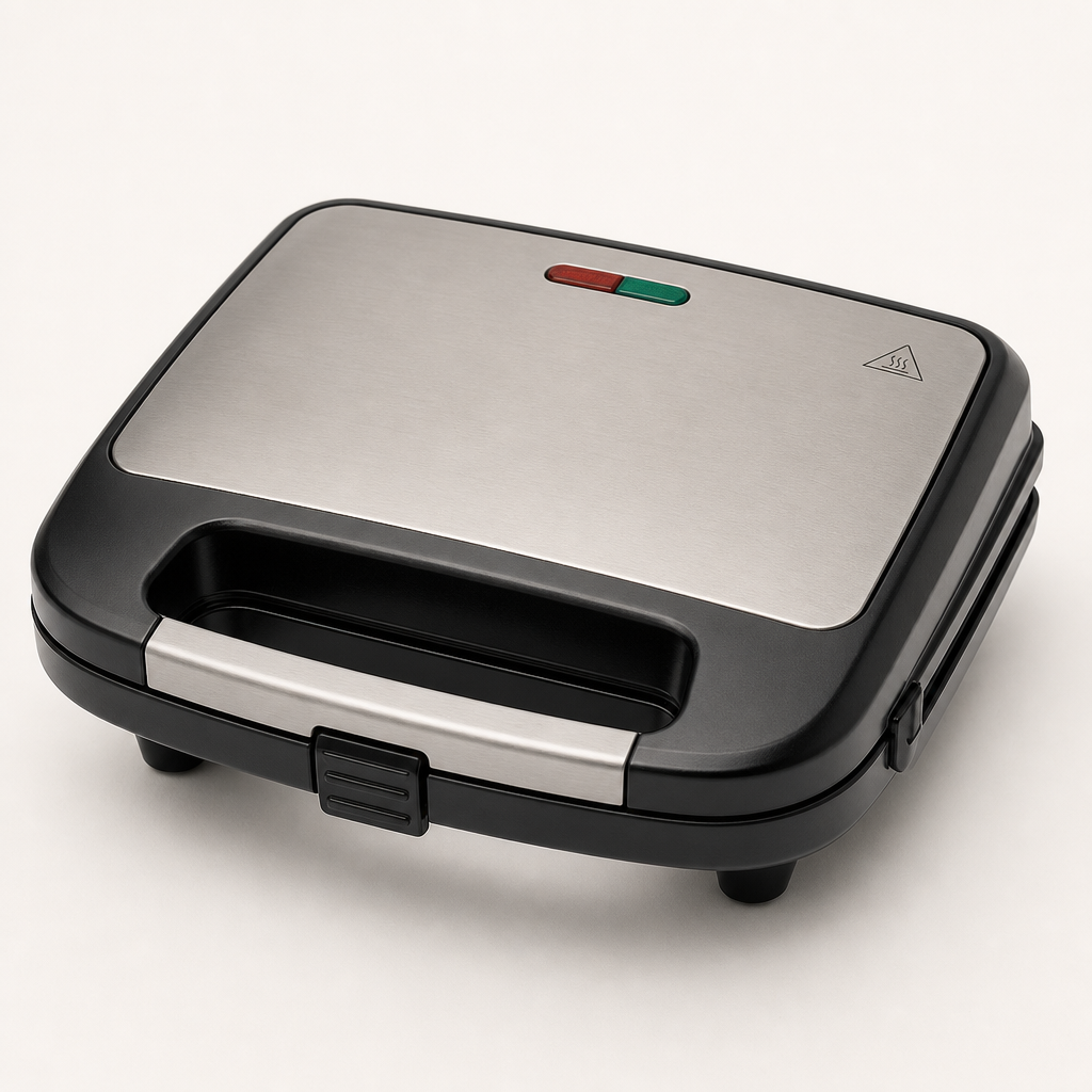 Compact electric sandwich maker with non-stick black plates and silver housing