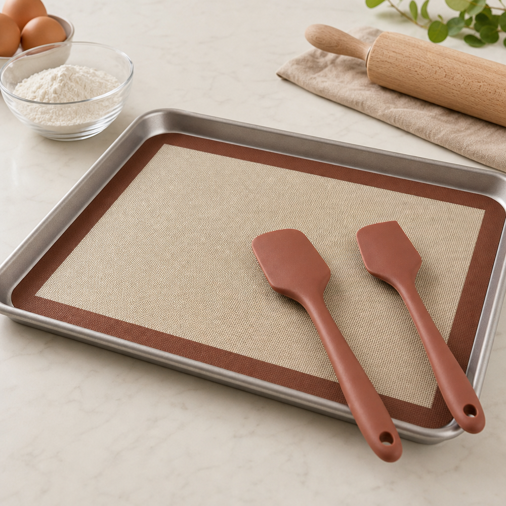silicone baking mat with matching silicone spatulas on a baking tray