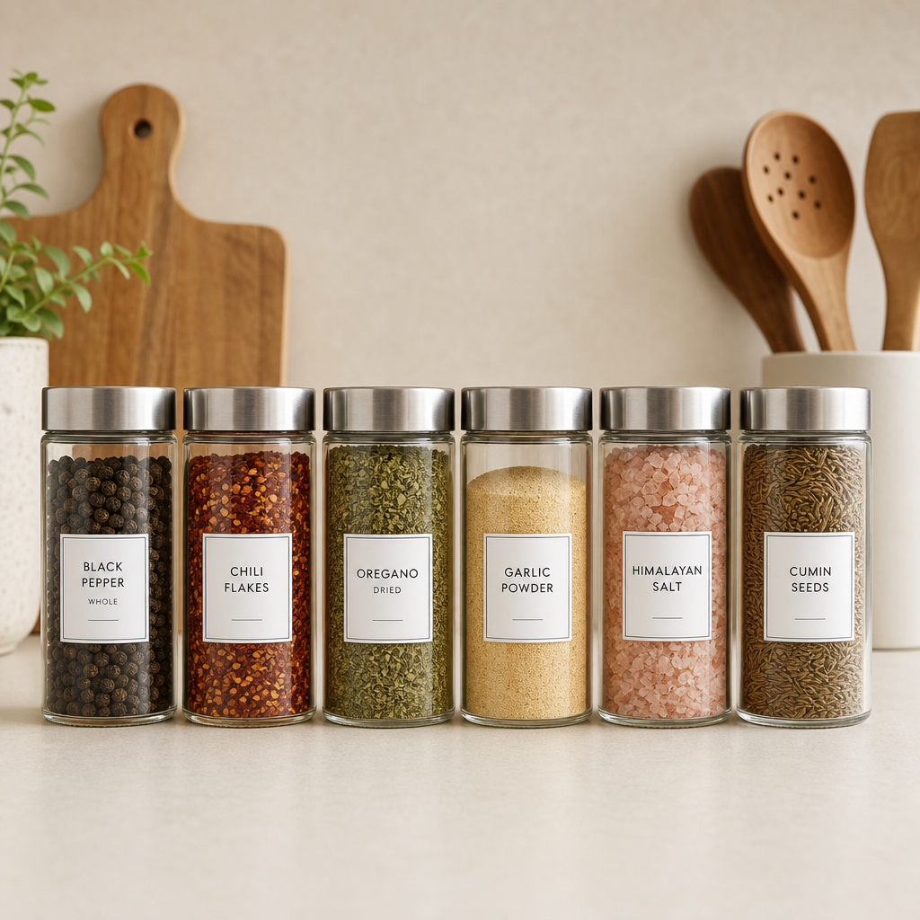 Set of glass spice jars with labels and metal lids