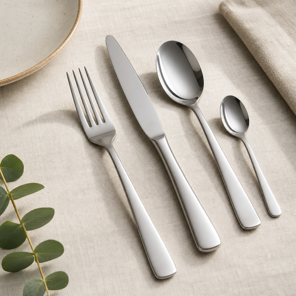 stainless steel cutlery set arranged on a linen surface