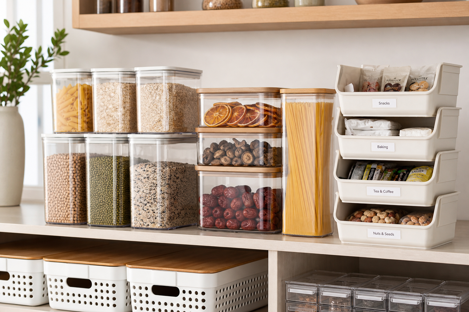 Stacked clear food containers, labeled pantry bins, and modular kitchen organizers