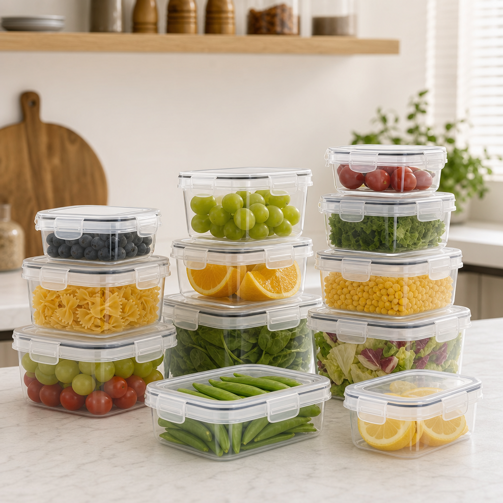 Clear plastic food containers with sealed lids arranged in stacks