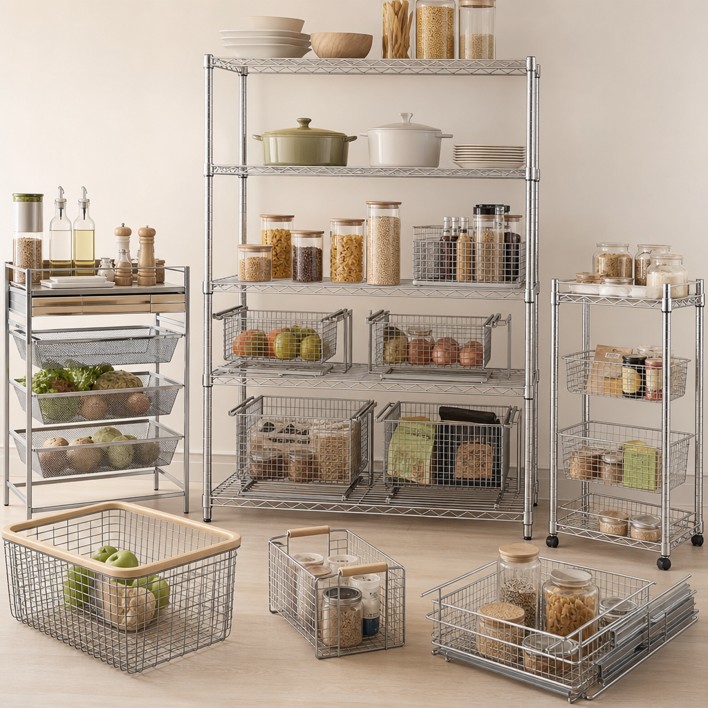 Metal wire storage rack with baskets and pantry organizers