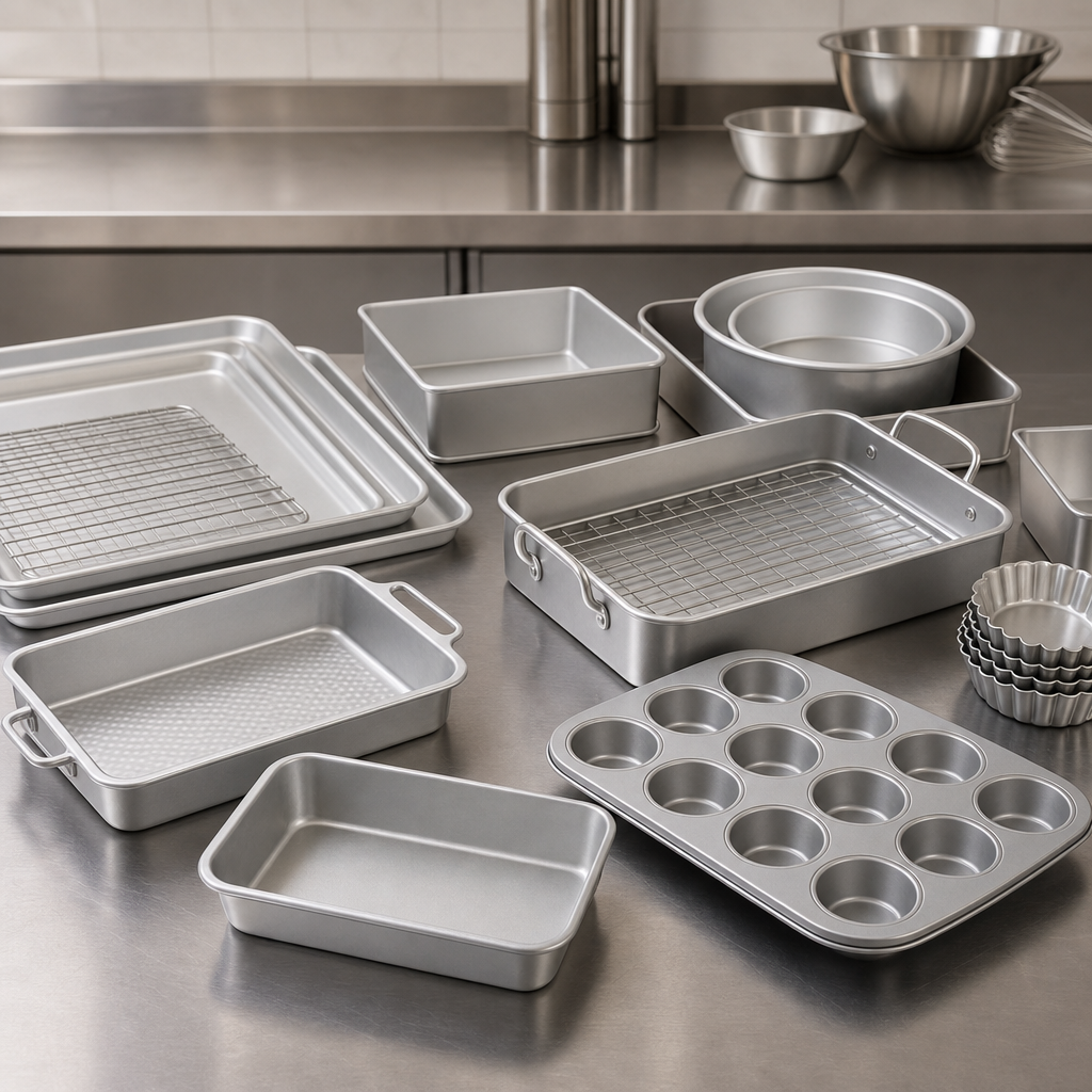 Aluminum bakeware trays and muffin tins on a prep table