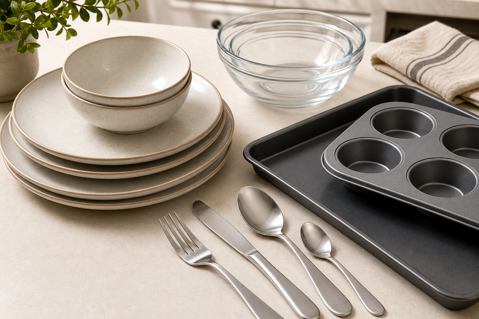 Ceramic plates, glass bowls, baking trays, and cutlery styled for a professional dining setup