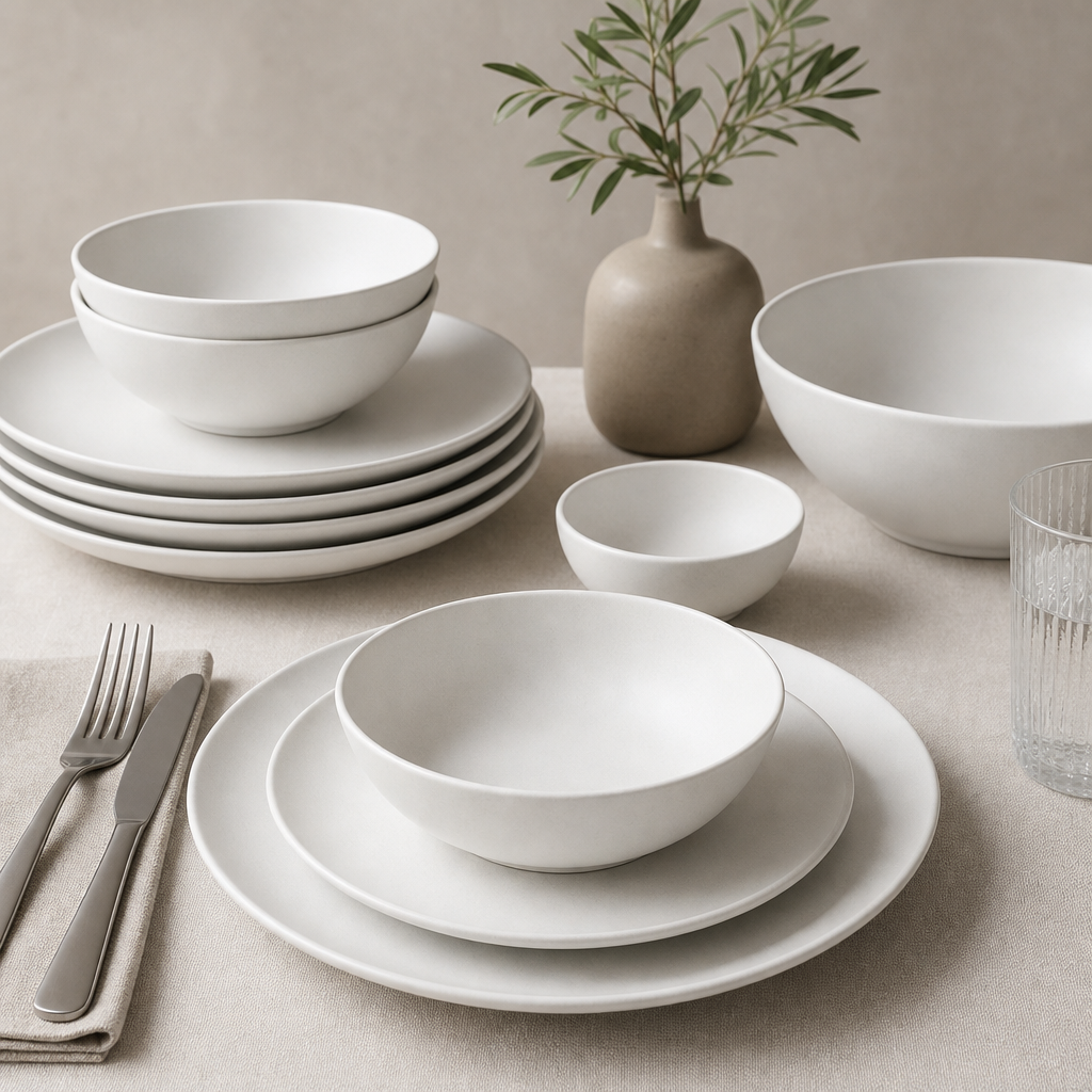 Porcelain dinnerware set with matte white plates and bowls