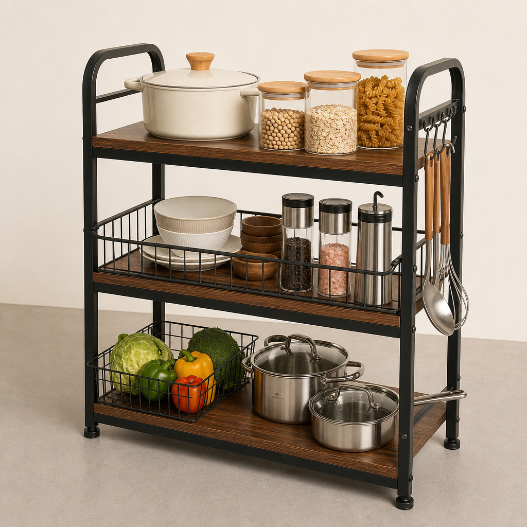 Metal multi-tier kitchen storage rack with wood shelves