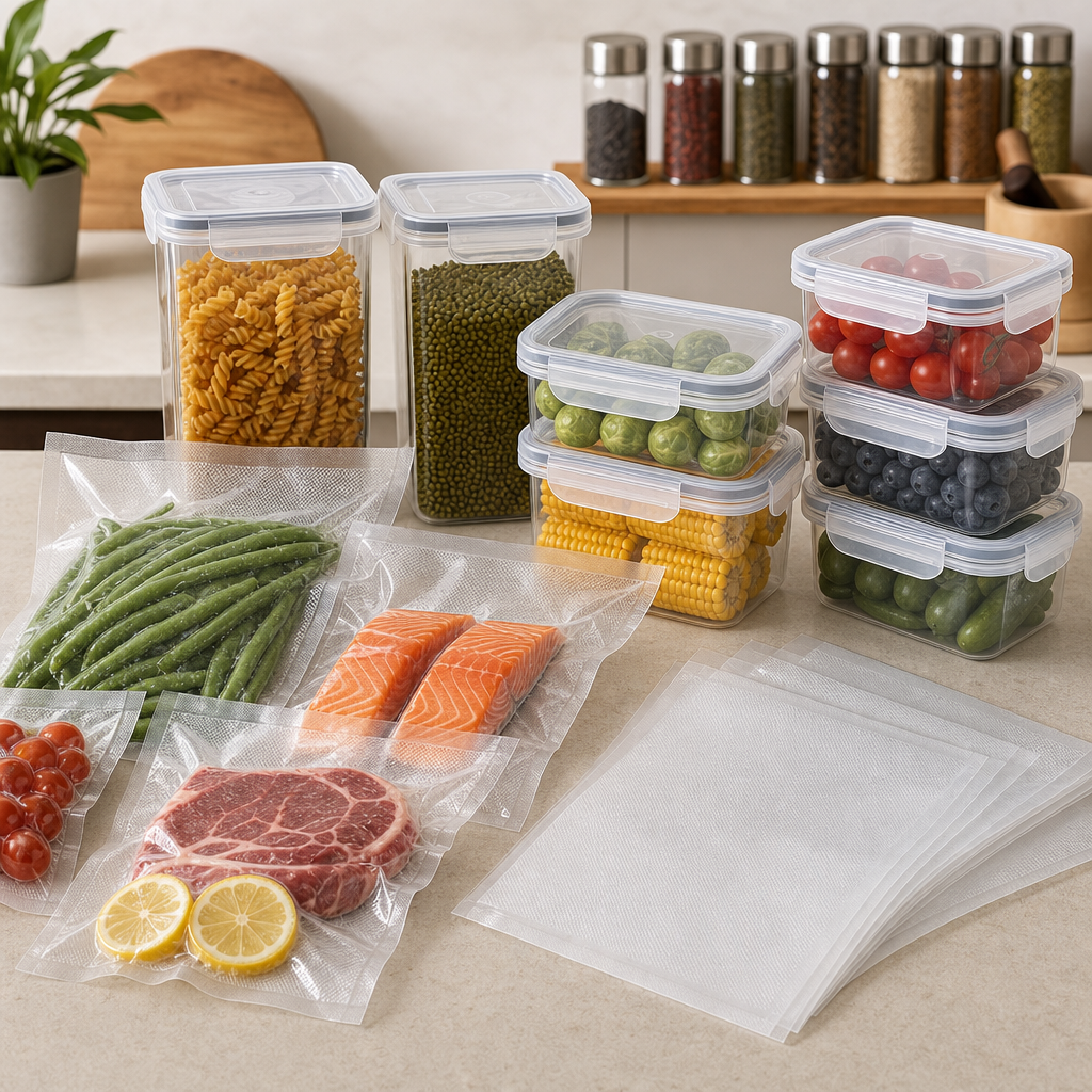Vacuum food seal bags and storage boxes on a countertop