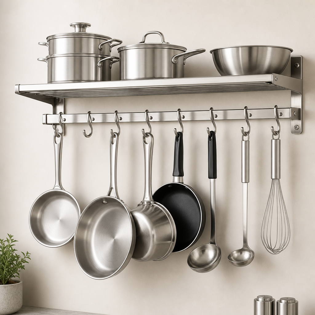 Wall-mounted stainless steel pot and pan holder rack