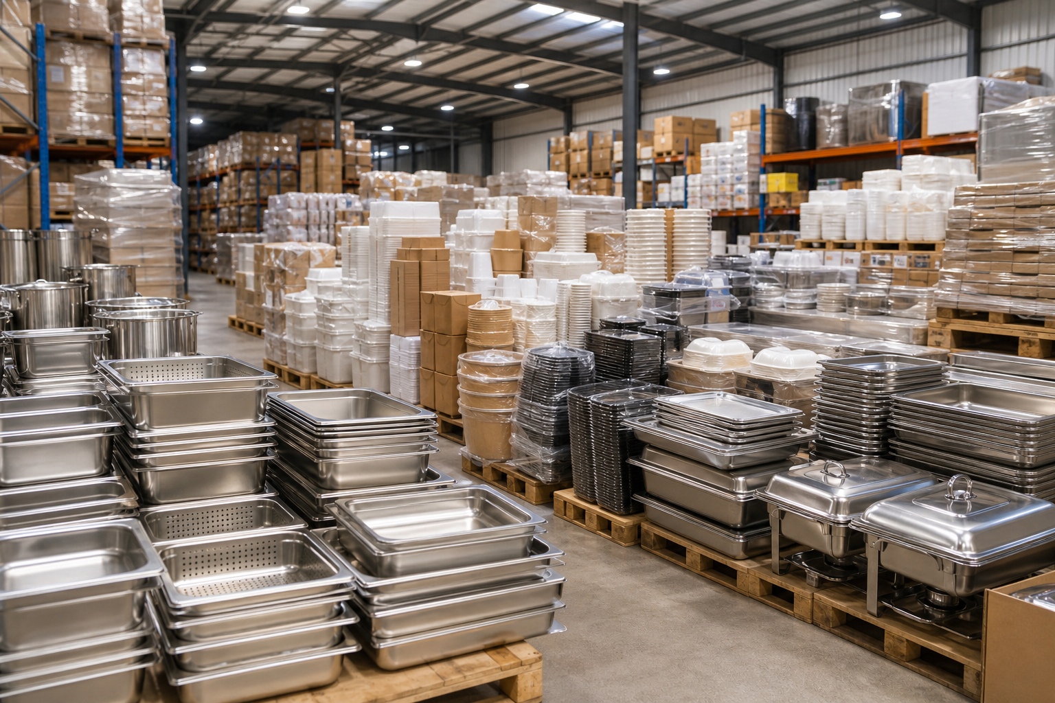 Large catering warehouse scene with stacked gastronorm containers, disposable food packaging, and bulk kitchen trays
