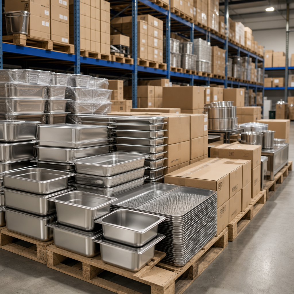 Bulk catering distribution warehouse with stacked stainless steel gastronorm pans, catering trays, and sealed cartons