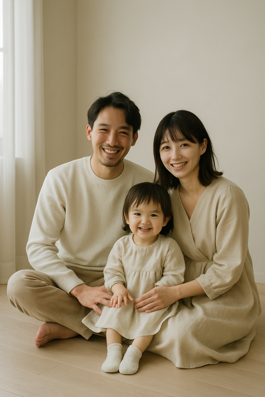 自然光が差し込む上品な日本のフォトスタジオで、家族が自然な笑顔を見せる撮影シーン