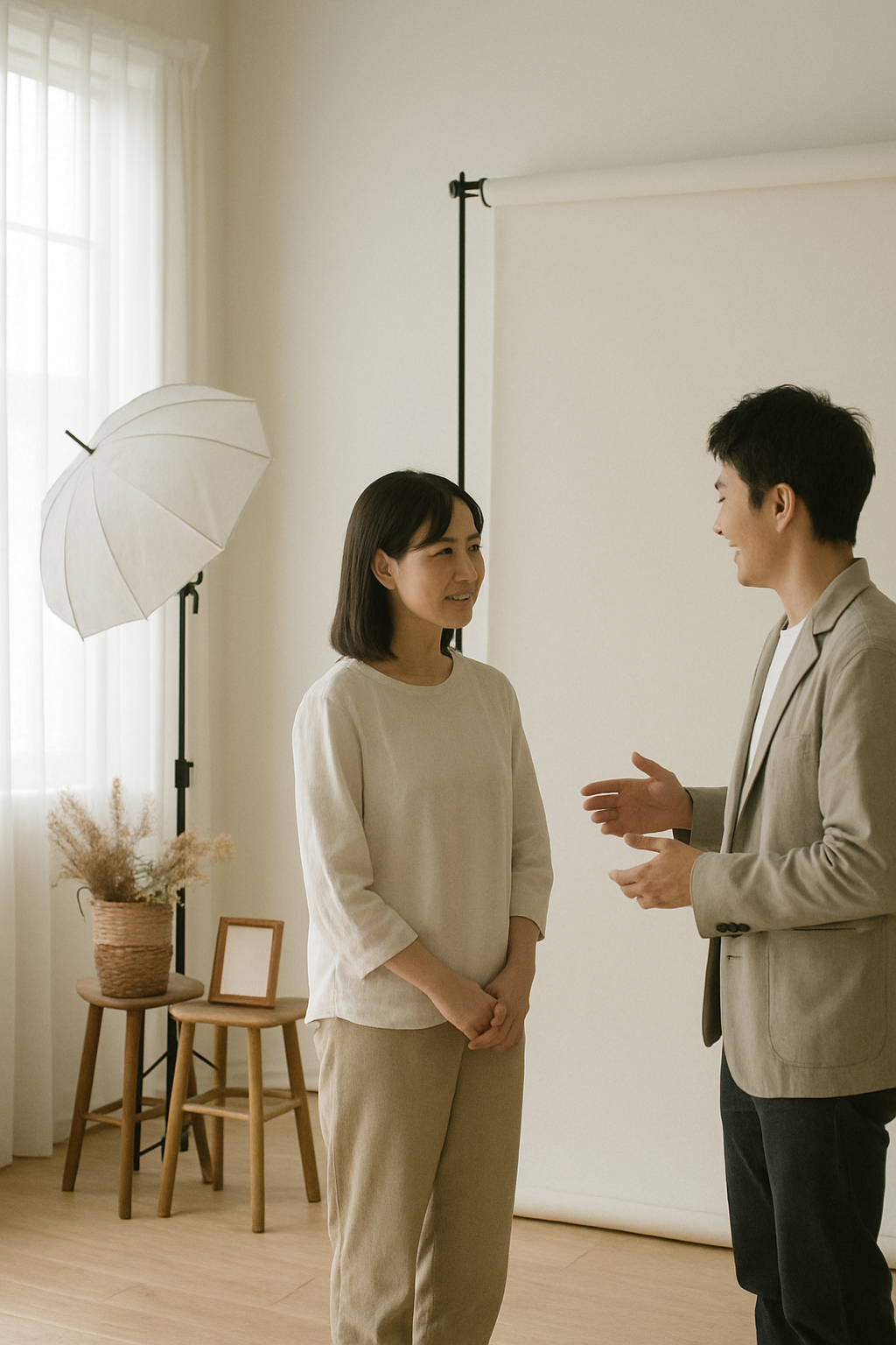 自然光が差し込む静かな日本の写真スタジオで、撮影前後にスタッフとお客様が穏やかに会話している実写風景