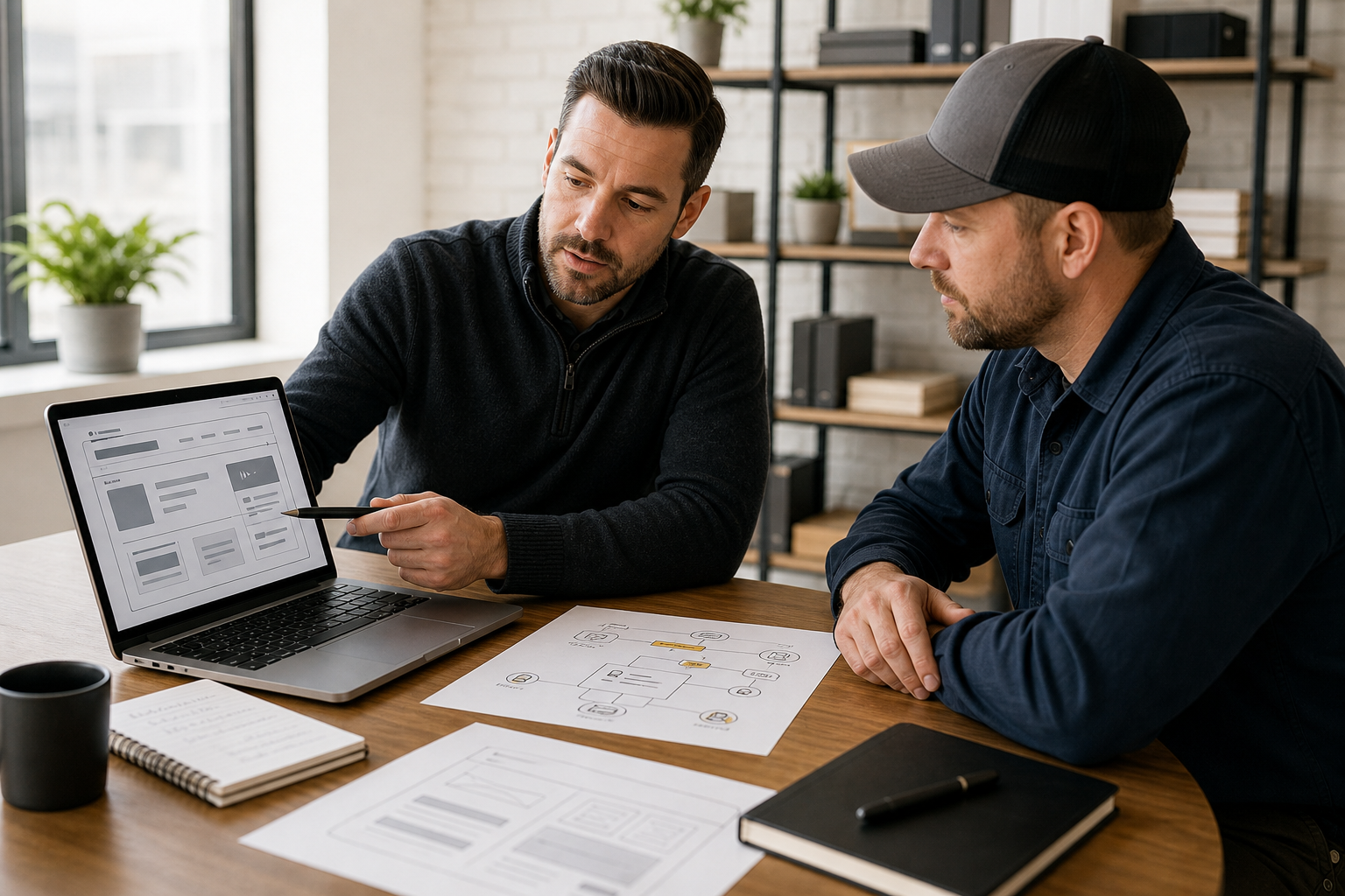 Professional planning session with a local business owner reviewing website strategy, lead goals, and service priorities in a modern office