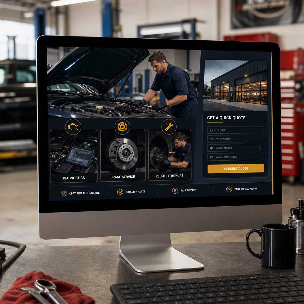Auto repair website section showing service icons, shop interior image, and fast quote request form