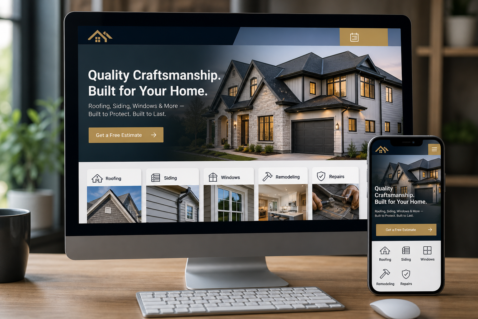 Desktop and mobile website mockup for a residential contractor brand with clean project photography and clear estimate call-to-action