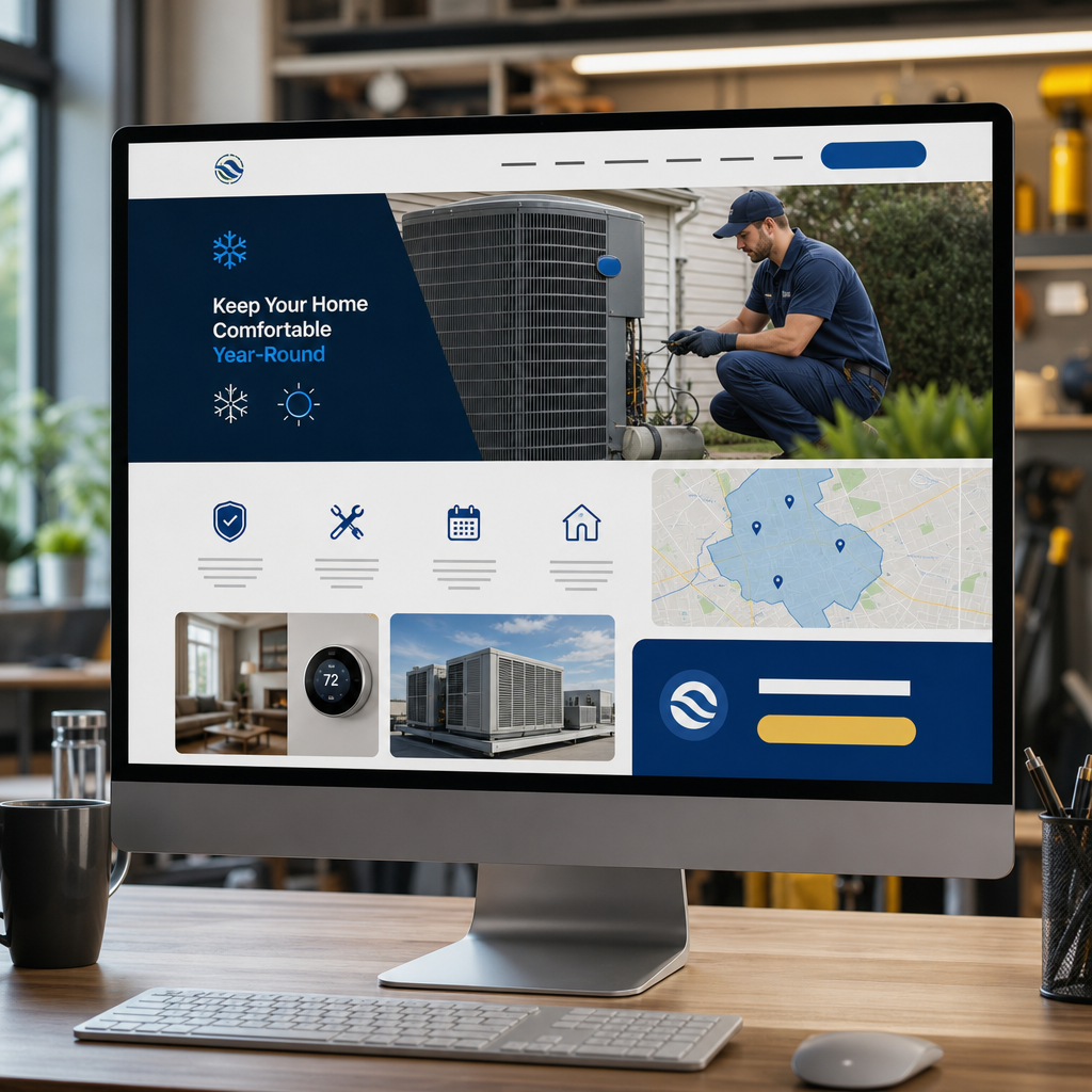 HVAC company website mockup featuring seasonal maintenance messaging and service area map