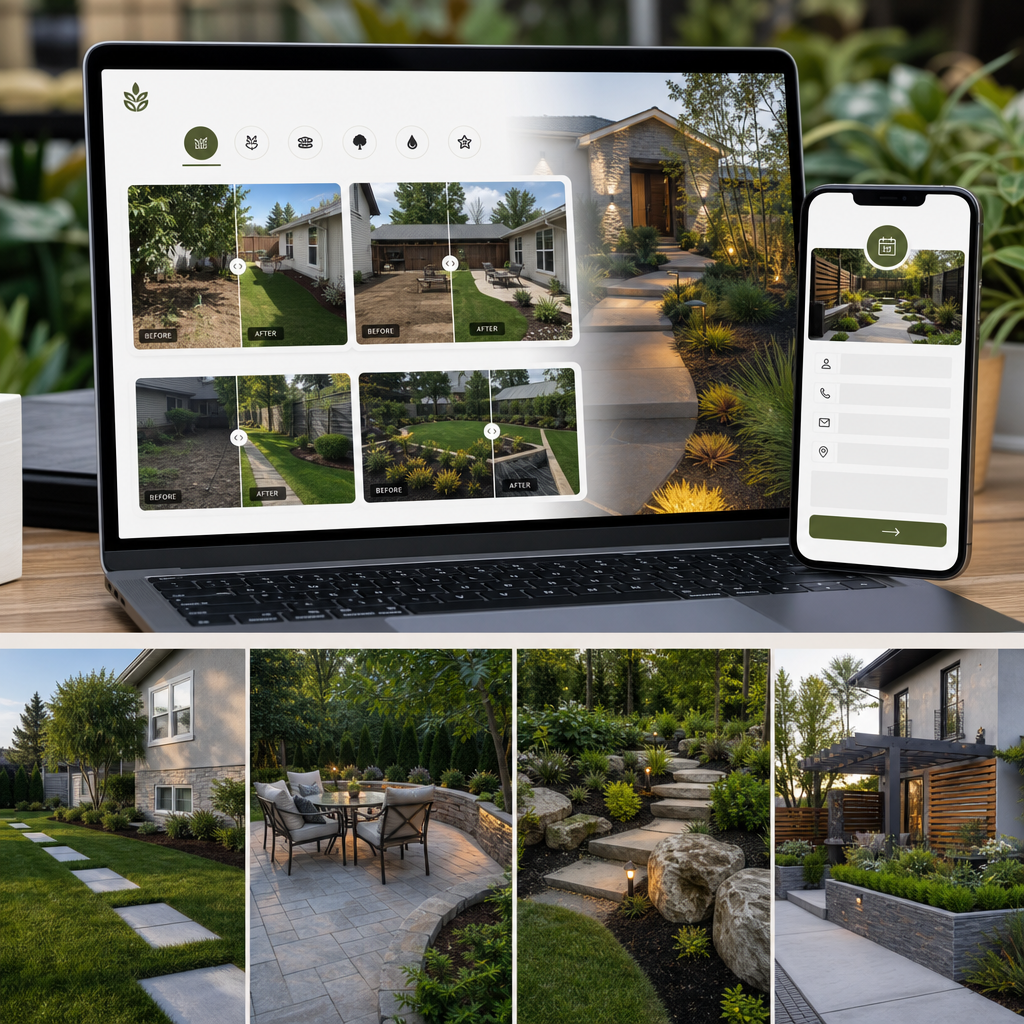 Landscaping business webpage with before-and-after gallery tiles and structured estimate request block