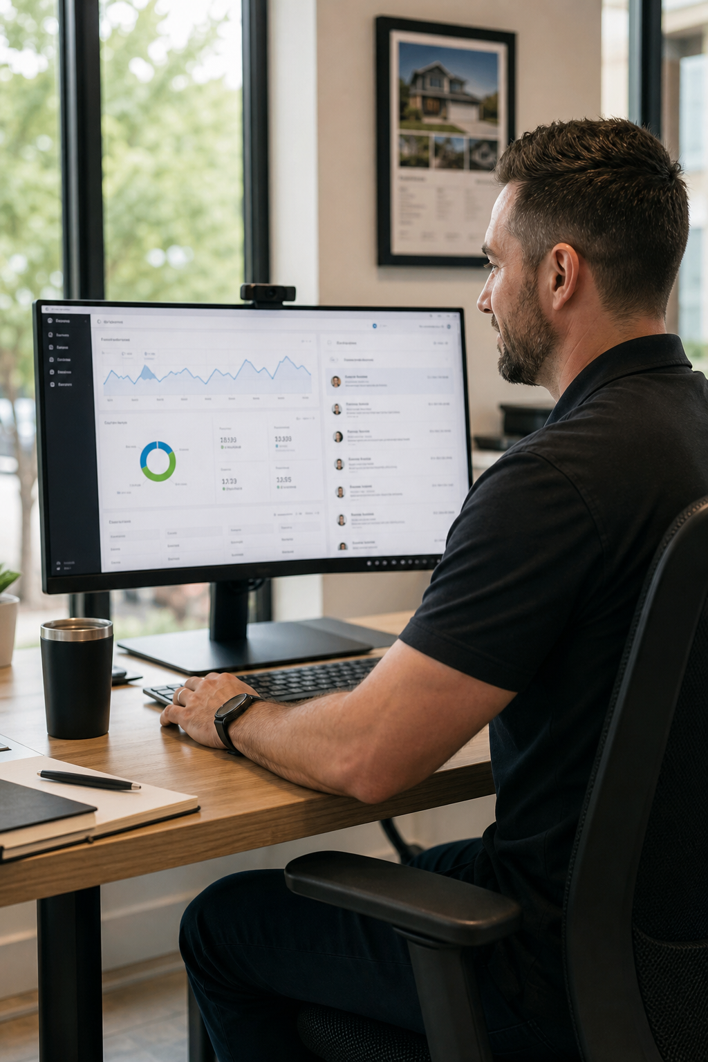 Professional local business owner reviewing project leads on a desktop computer in a clean modern office