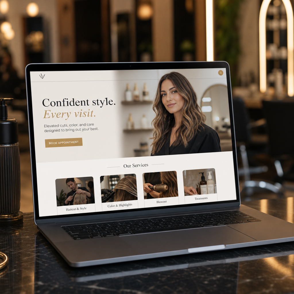 Modern salon homepage preview with stylist portraits, booking prompt, and elegant service layout