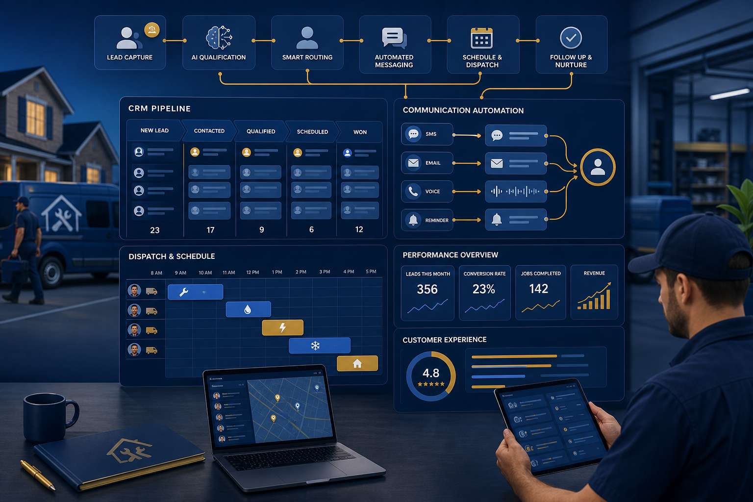 Business operations dashboard with connected workflow nodes, message routing, CRM stages, and field-service performance metrics