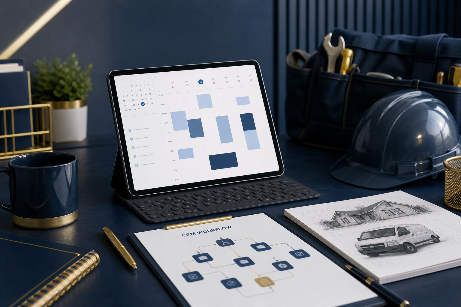 Branded consultation booking graphic showing a professional home-service planning desk with tablet calendar, CRM workflow notes, and blue-and-gold business accents