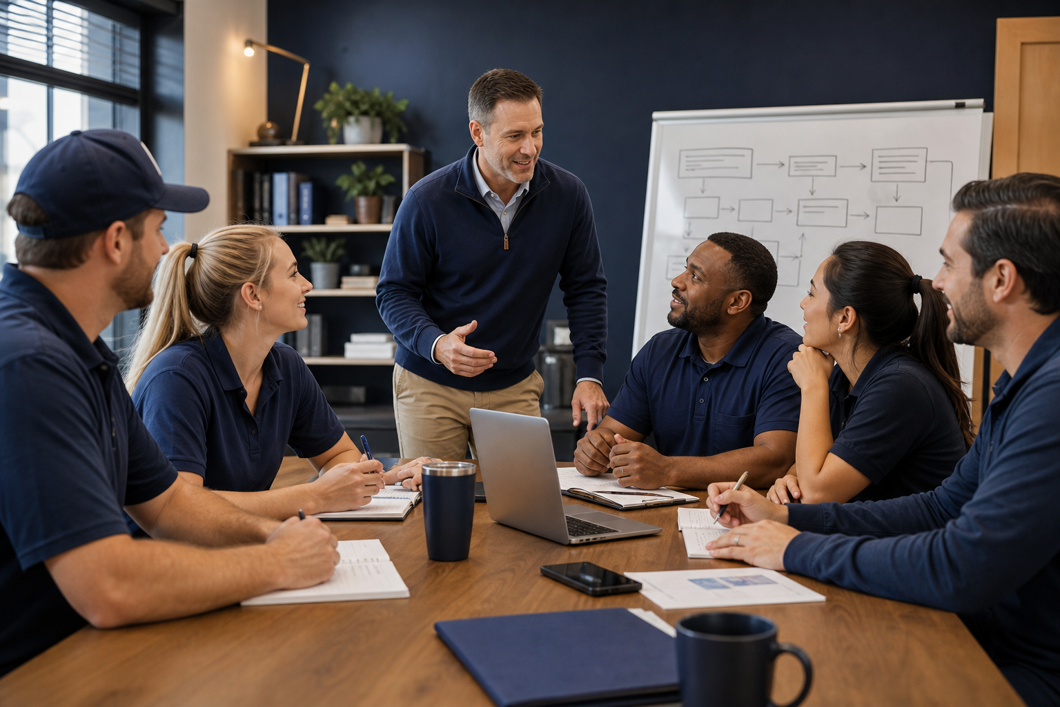 Consultant coaching a home-service leadership team in a collaborative office meeting