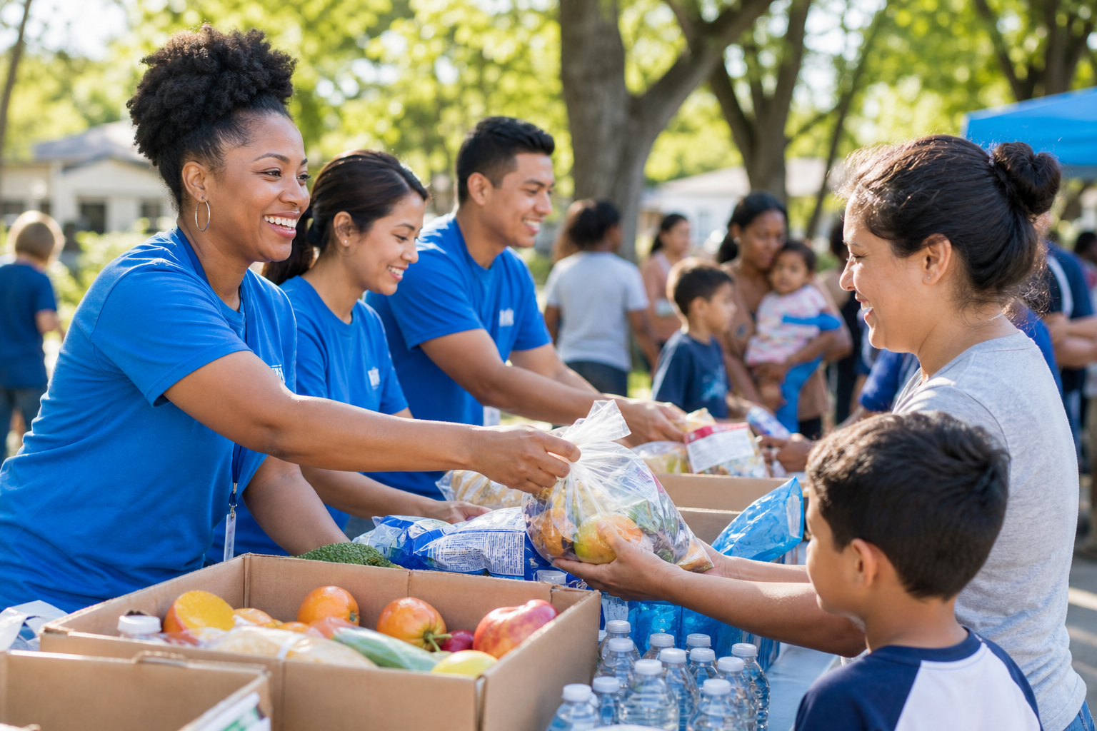 Diverse group of smiling volunteers in blue shirts handing out food and supplies in a sunny neighborhood park, conveying hope and community support.