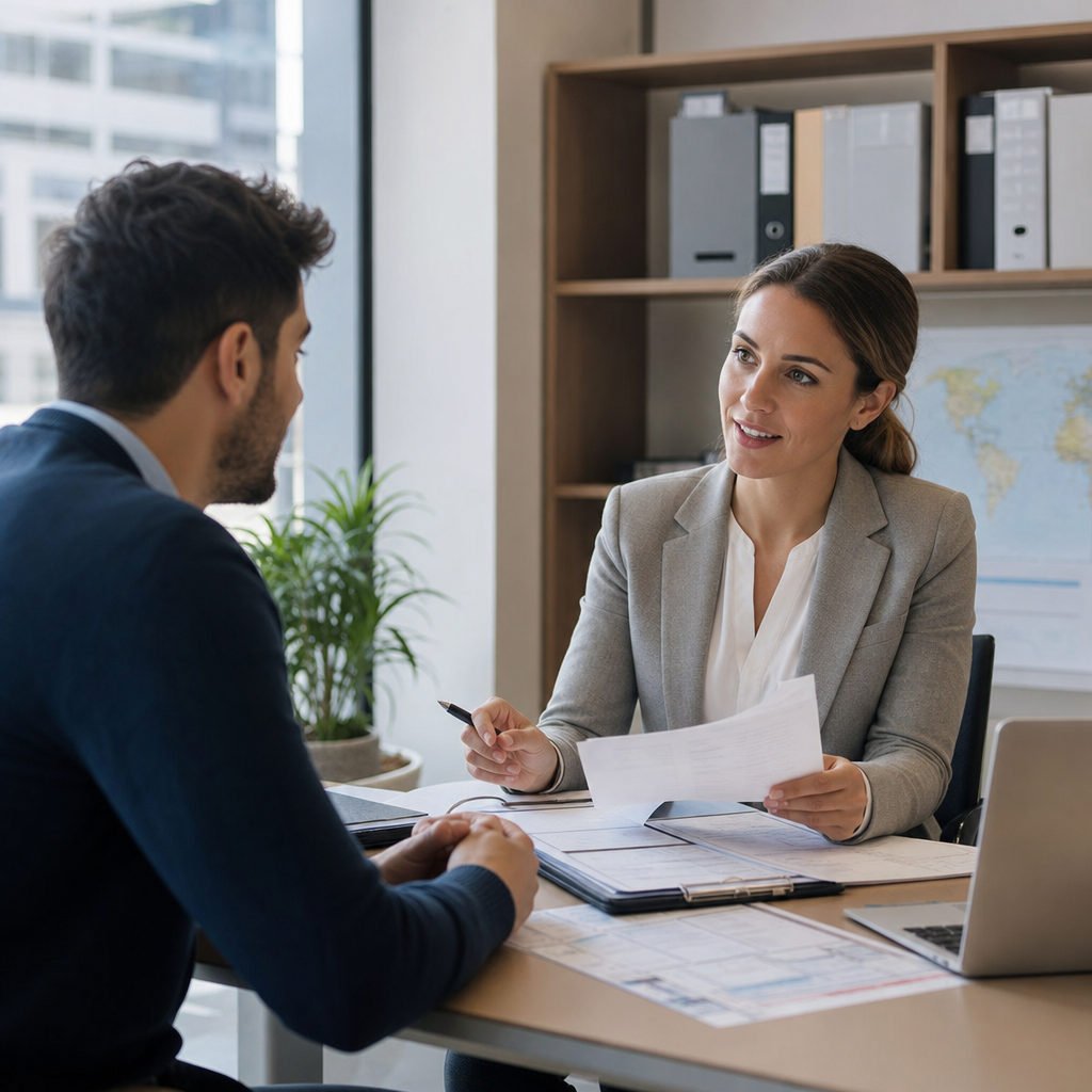 Consultante en mobilité internationale présentant un dossier de relocalisation à un expatrié dans un bureau professionnel lumineux