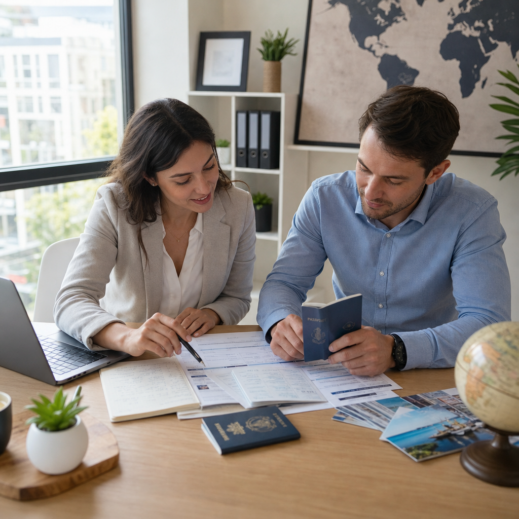 Scène éditoriale de planification de mobilité internationale avec deux personnes examinant des documents de visa sur un bureau, une carte murale avec des tracés de route et des check-lists de relocalisation