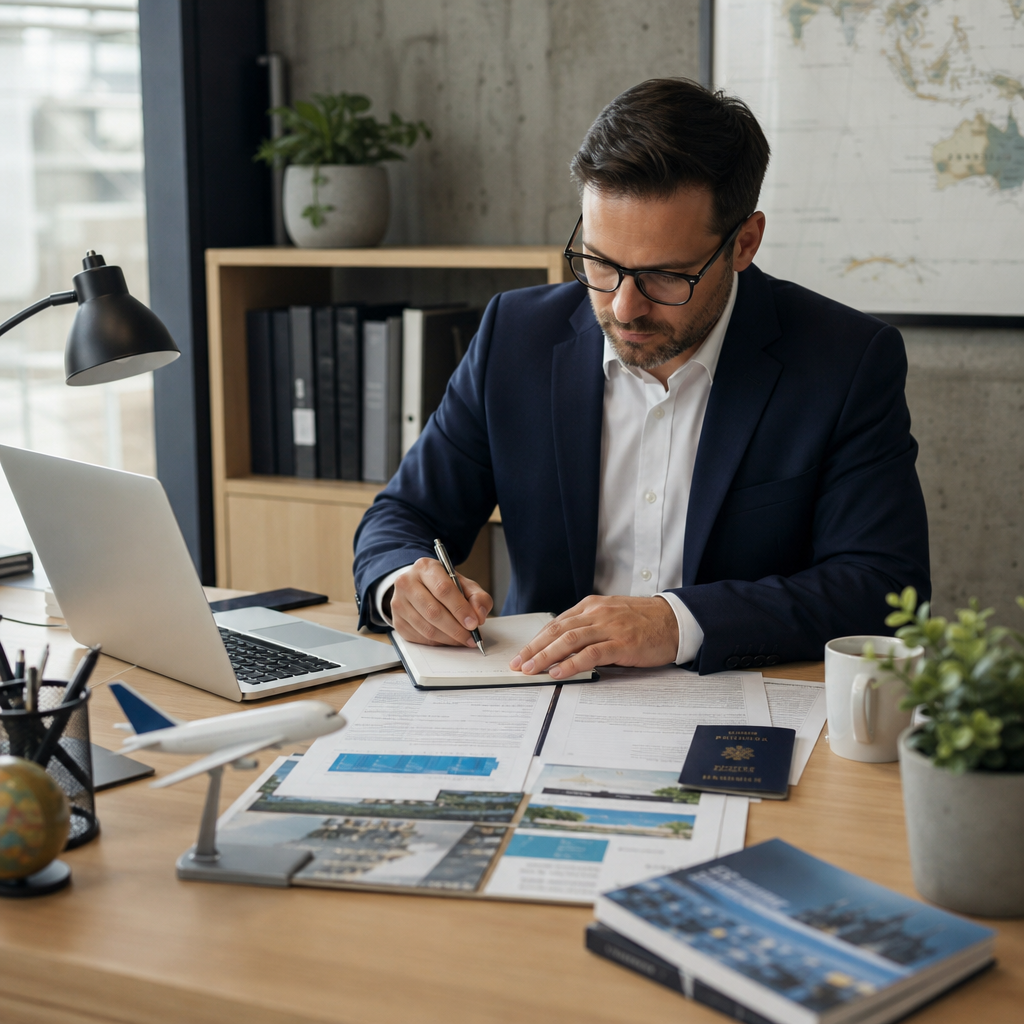 Mobility consultant reviewing a route map with travel documents, checklist notes, and destination markers on a modern desk