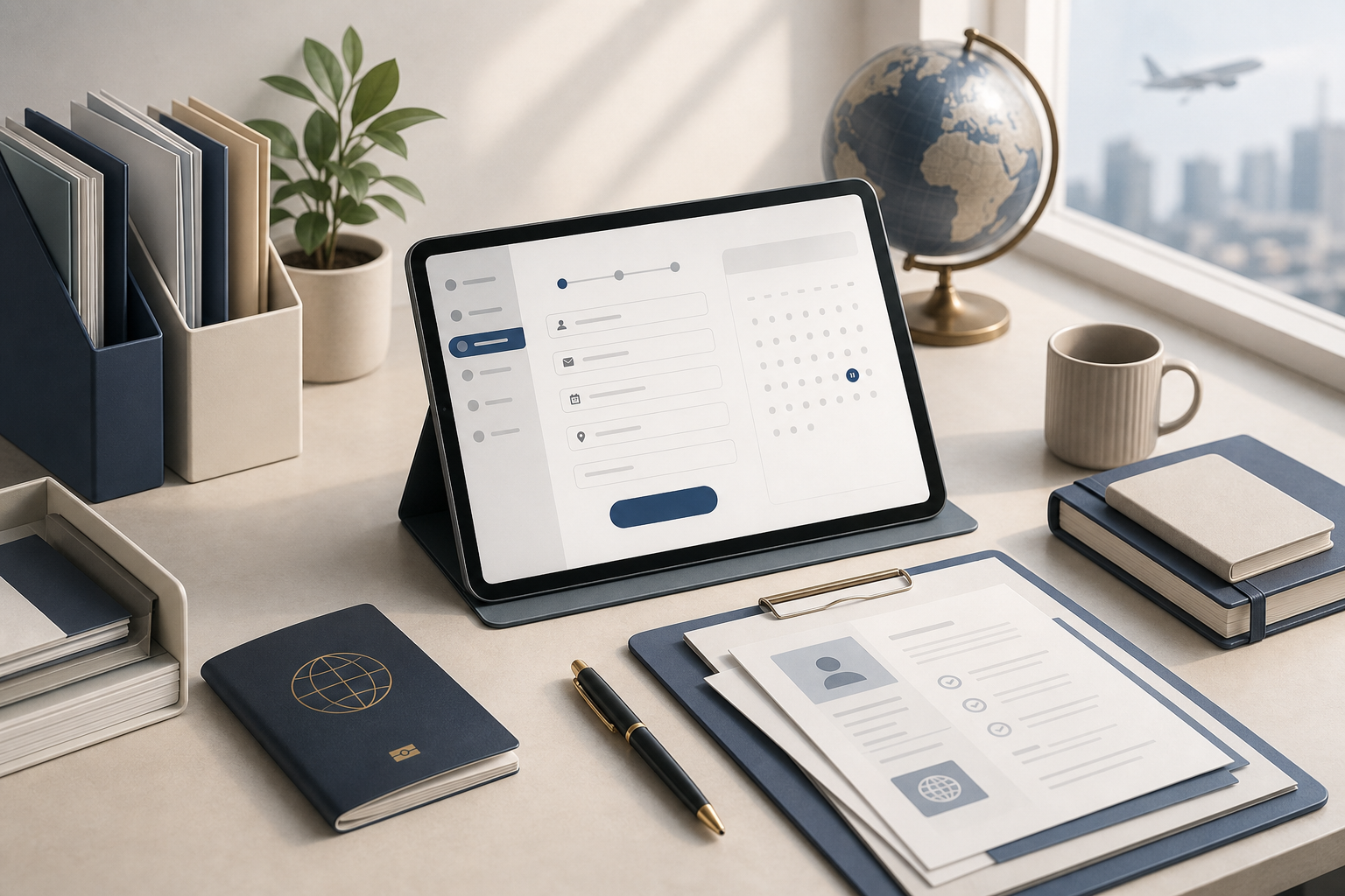 Illustration d’un bureau de réservation avec tablette, calendrier et documents de mobilité internationale
