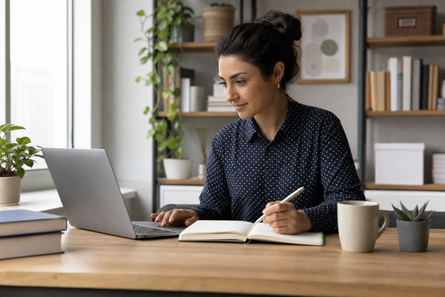 Adult learner studying pharmacy technician coursework on a laptop in a bright home office with notebook and coffee mug