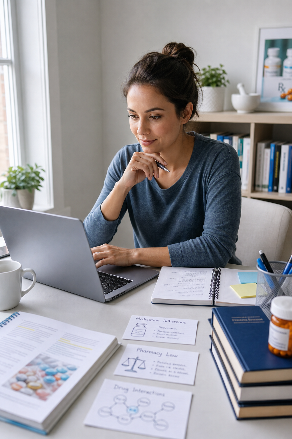Focused adult learner in a modern home study setup, using a laptop for online pharmacy technician coursework