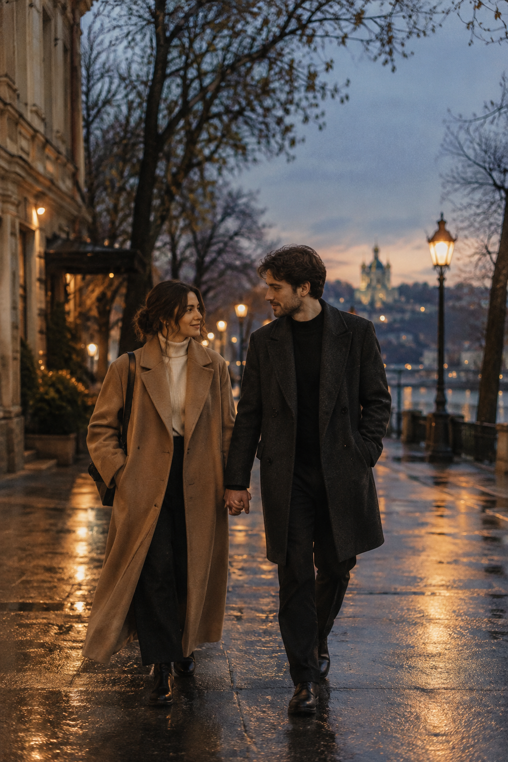 Stylish couple walking together along a tree-lined Kyiv street at soft blue hour