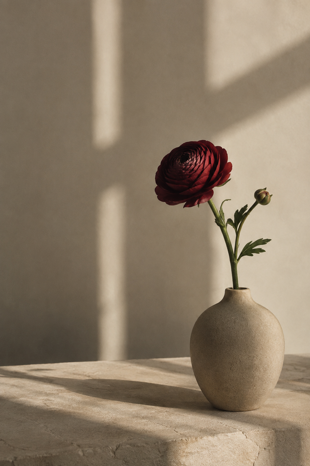 Minimal editorial still life of a deep burgundy flower in a matte stone vase with directional window light