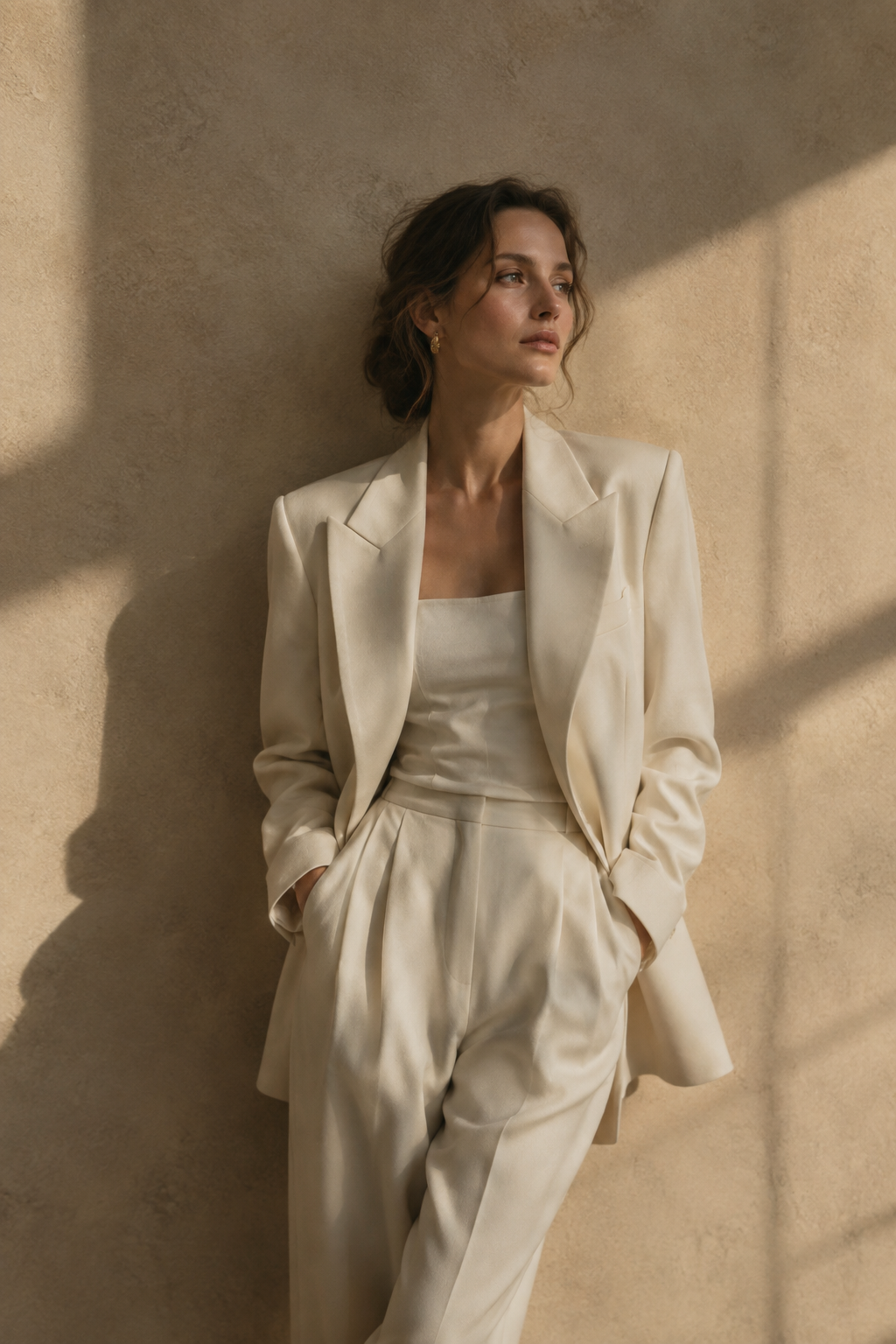 Editorial portrait of a woman in a sculptural cream suit against a textured warm neutral wall