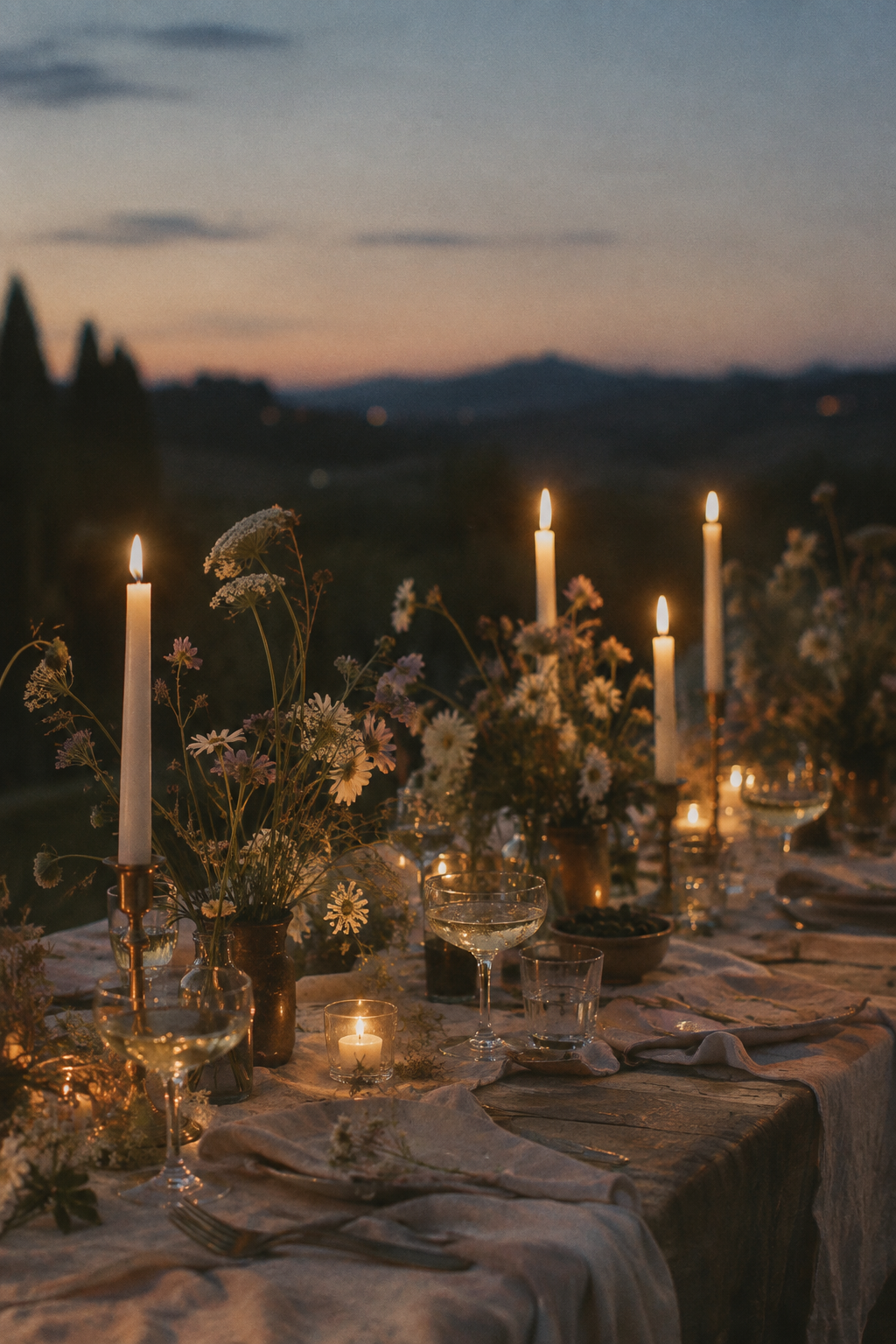 Outdoor dinner table with taper candles and wildflowers at dusk, captured in softly faded 35mm film tones