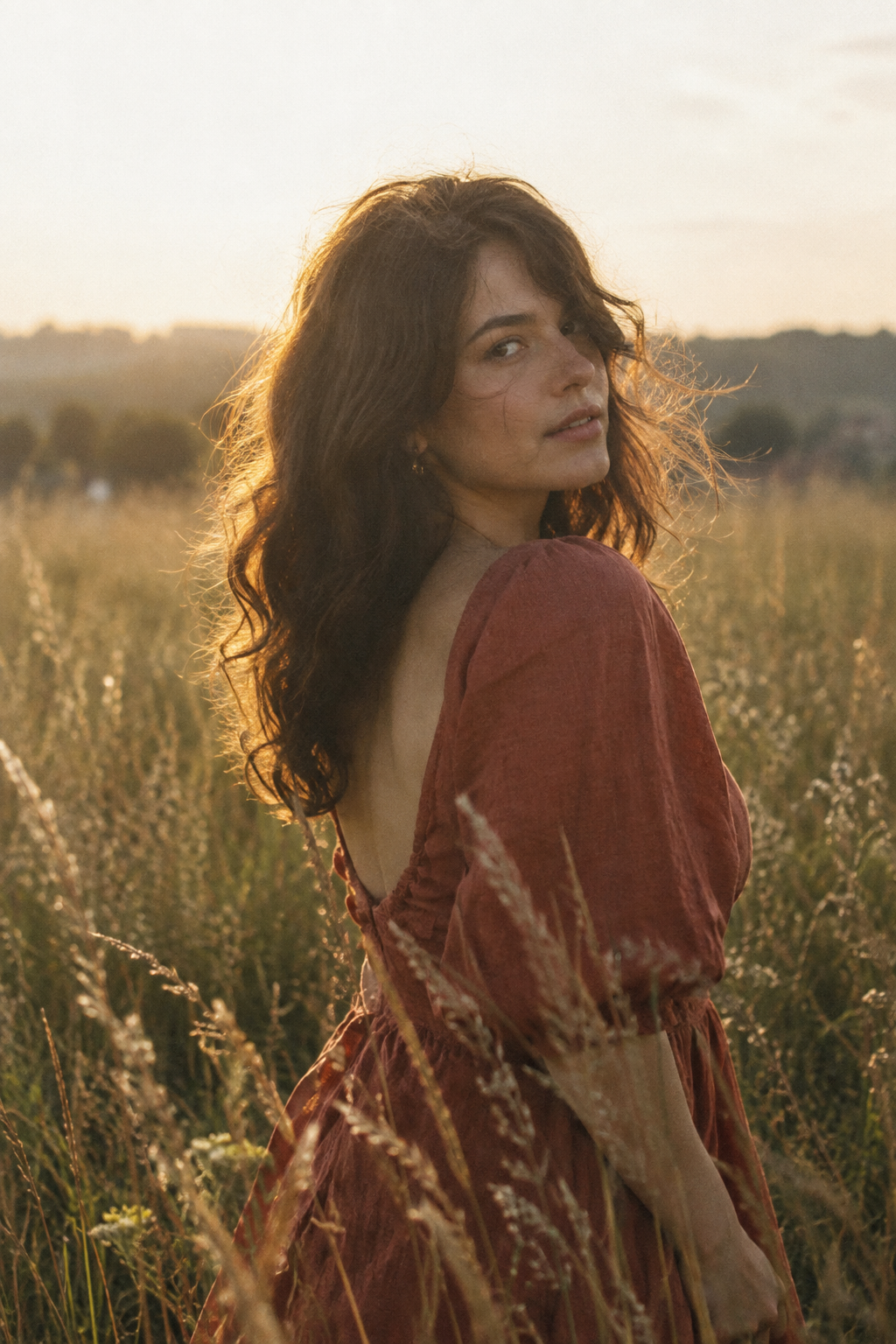 Woman in a faded red dress standing in a tall summer field, rendered with warm analog film grain