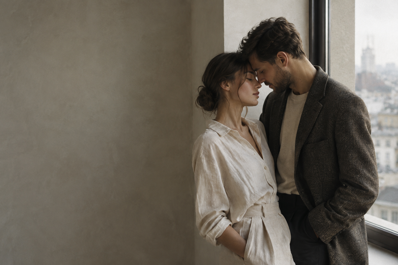 An intimate couple sharing a quiet, emotionally honest moment by a softly lit window